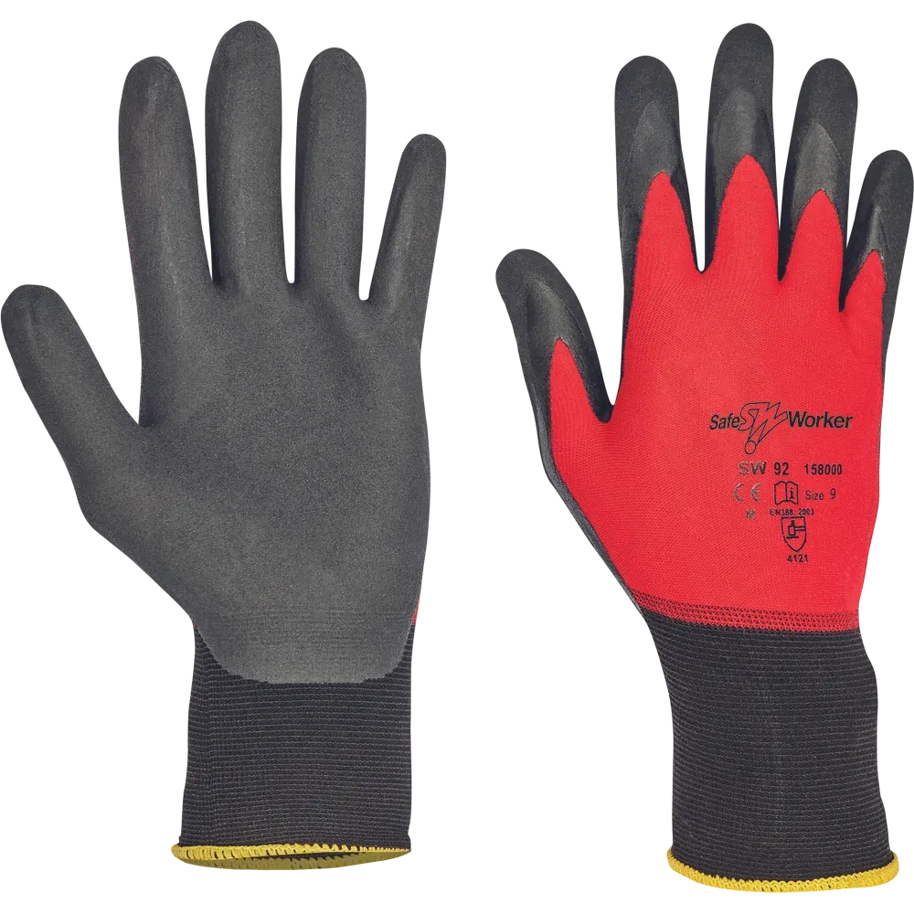 SafeWorker Dieze SW 92 Pro handschoen met rode nylon drager en zwarte nitril coating