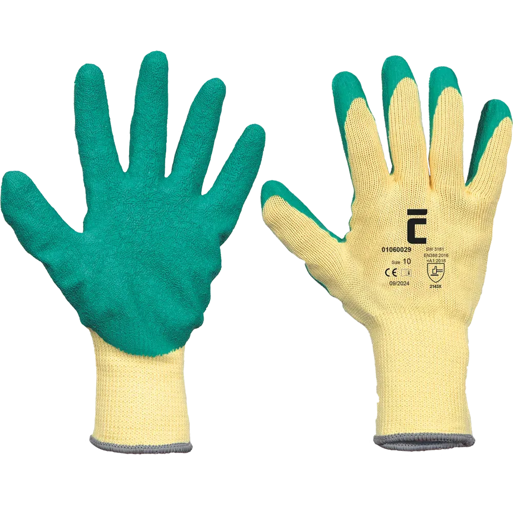 Gele SafeWorker SW 3181 handschoen met groene latex crinkle coating