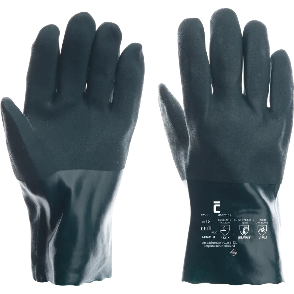 Groene SafeWorker SW 71 PVC chemiehandschoen van 27 cm met jersey voering