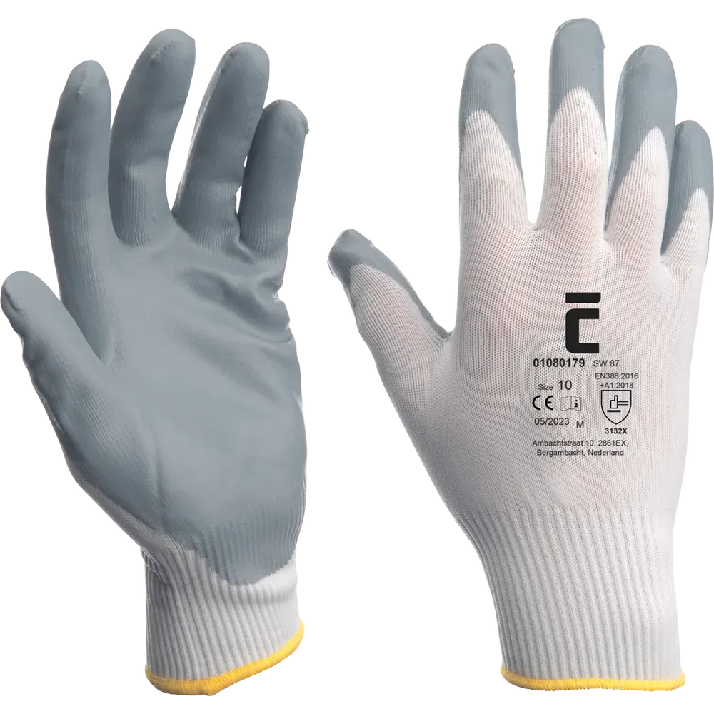 SafeWorker SW 87 gebreide handschoen met witte nylon rug en grijze nitril handpalm
