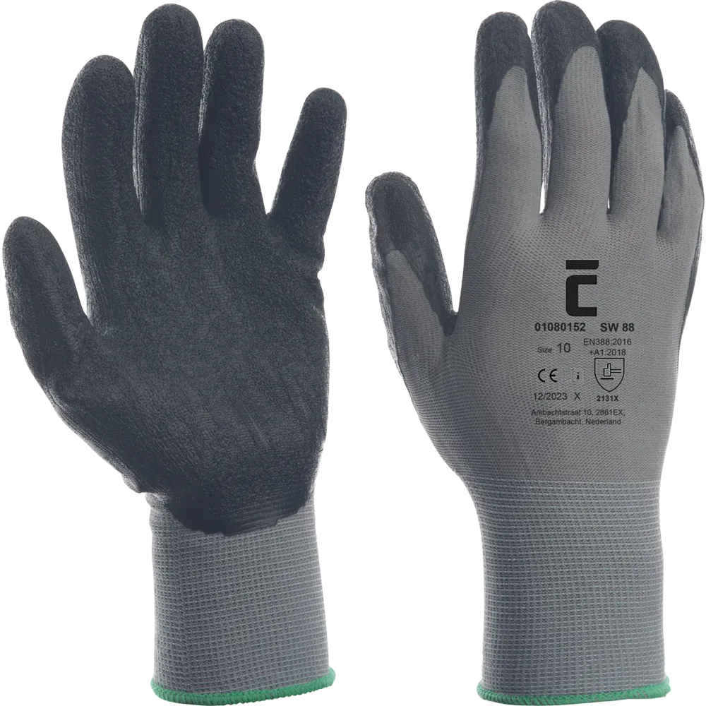 SafeWorker SW 88 gebreide handschoen met antraciet latex coating op de handpalm