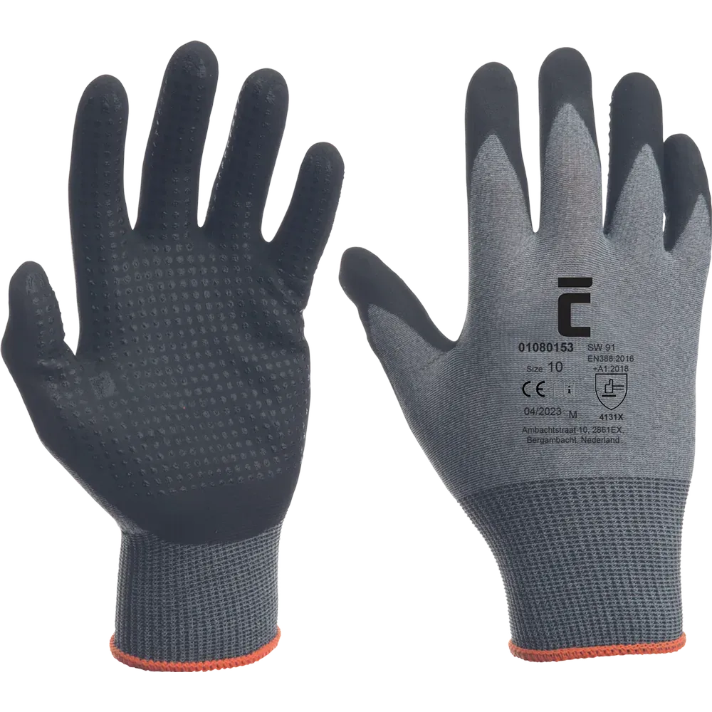 SafeWorker SW 91 nylon handschoen met nitril coating en nitril grip stippen